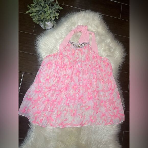 Victoria's Secret Pleated Slip Top Chemise pink Floral Print Rhinestone sz large - Picture 2 of 10